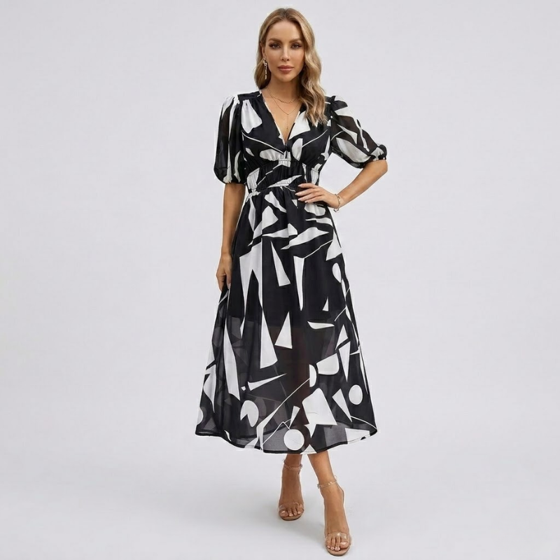 VALERIQUE | Robe Maxi Géométrique pour Femme – Manches Bouffantes
