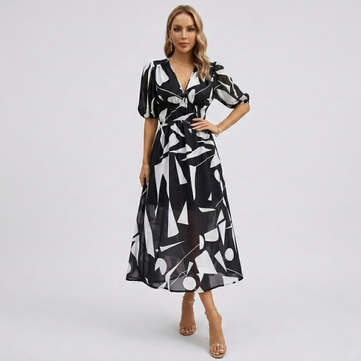 VALERIQUE | Robe Maxi Géométrique pour Femme – Manches Bouffantes