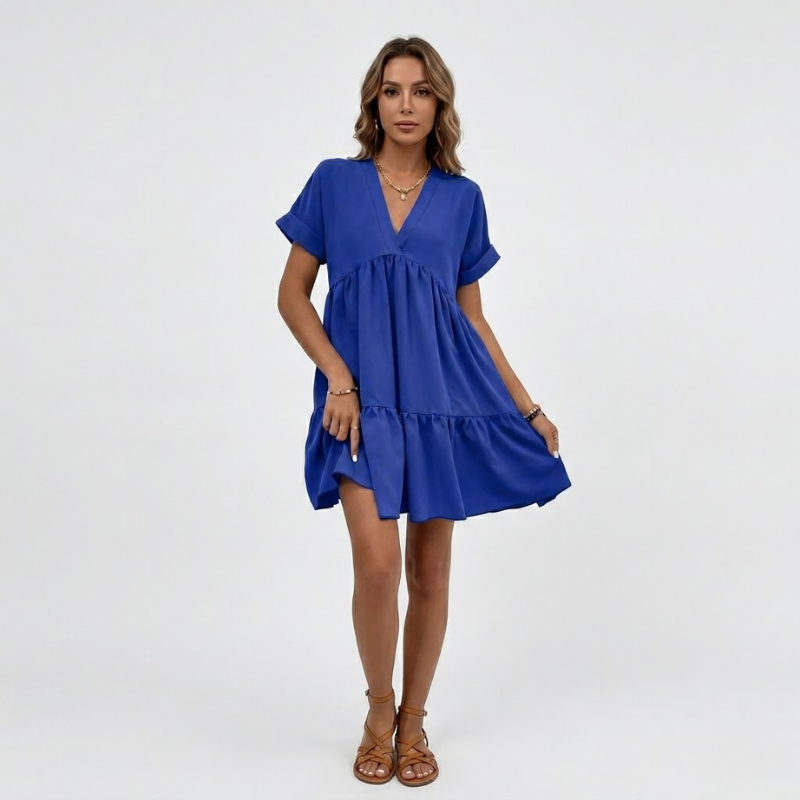 VALERIQUE | Robe Ample Col V pour Femme – Manches Courtes et Froncée