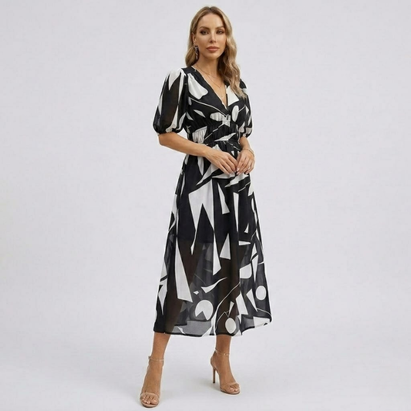 VALERIQUE | Robe Maxi Géométrique pour Femme – Manches Bouffantes