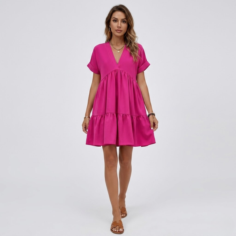 VALERIQUE | Robe Ample Col V pour Femme – Manches Courtes et Froncée