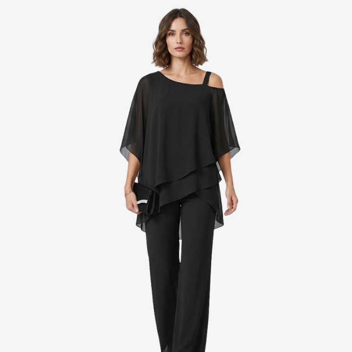 VALERIQUE | Ensemble Deux Pièces en Mousseline pour Femme – Haut Asymétrique et Pantalon Large