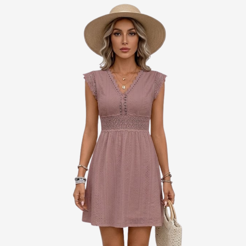 VALERIQUE | Robe Courte Brodée en Coton Léger pour Femme – Col V et Dentelle