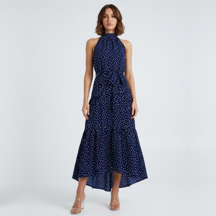 VALERIQUE | Robe Longue à Pois en Coton Léger pour Femme – Col Halter et Taille Nouée