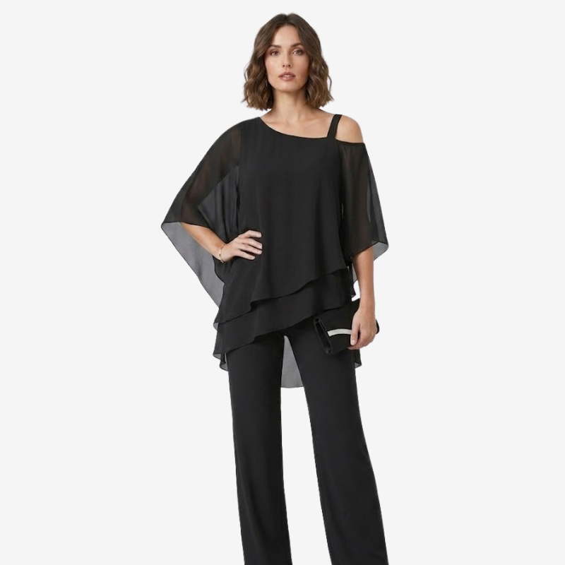 VALERIQUE | Ensemble Deux Pièces en Mousseline pour Femme – Haut Asymétrique et Pantalon Large