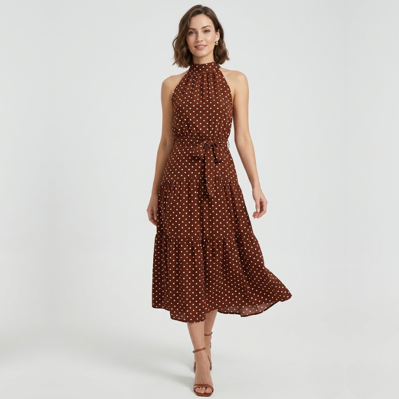 VALERIQUE | Robe Midi à Pois en Coton Léger pour Femme – Col Halter et Taille Ajustable