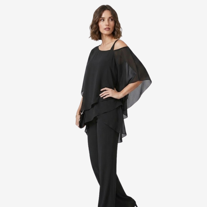VALERIQUE | Ensemble Deux Pièces en Mousseline pour Femme – Haut Asymétrique et Pantalon Large