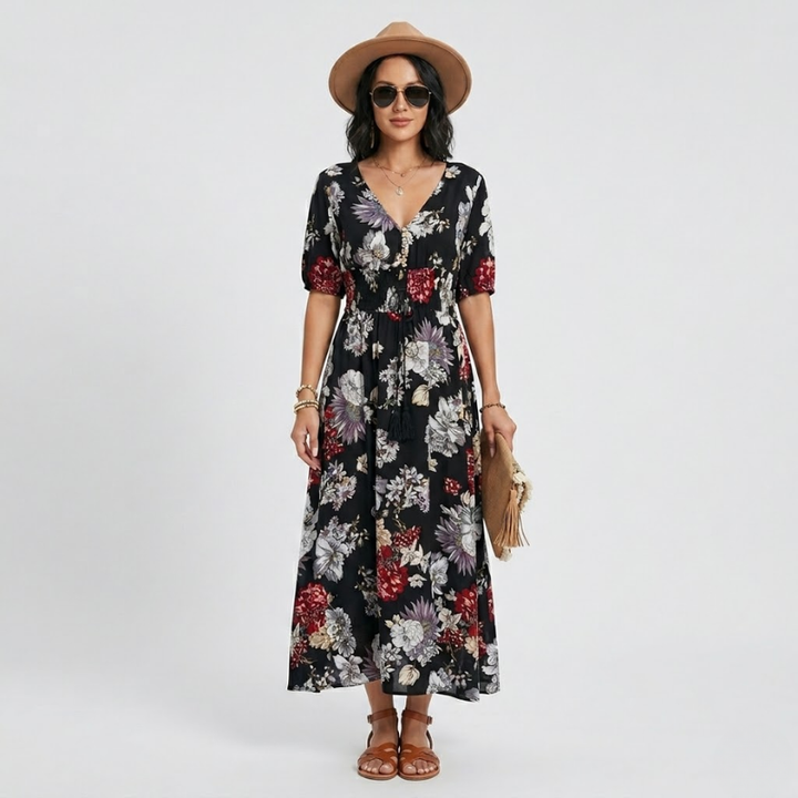 VALERIQUE | Robe Maxi Fleurie pour Femme – Col V