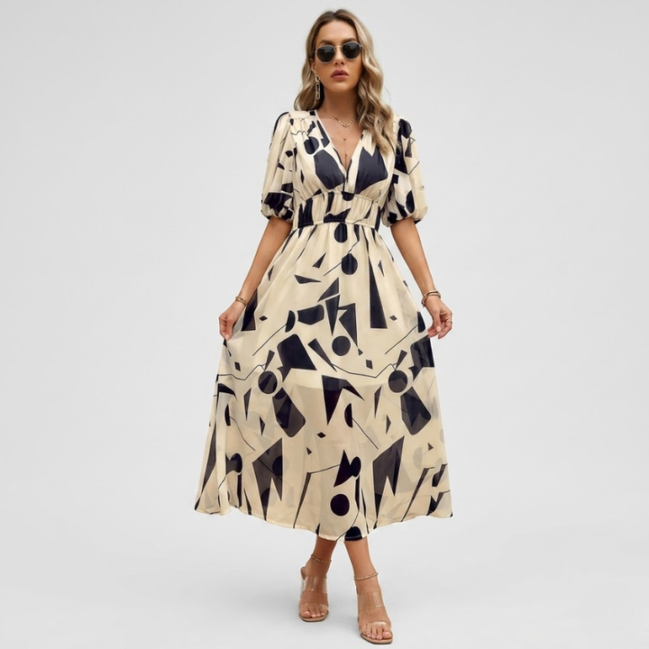 VALERIQUE | Robe Maxi Géométrique pour Femme – Manches Bouffantes