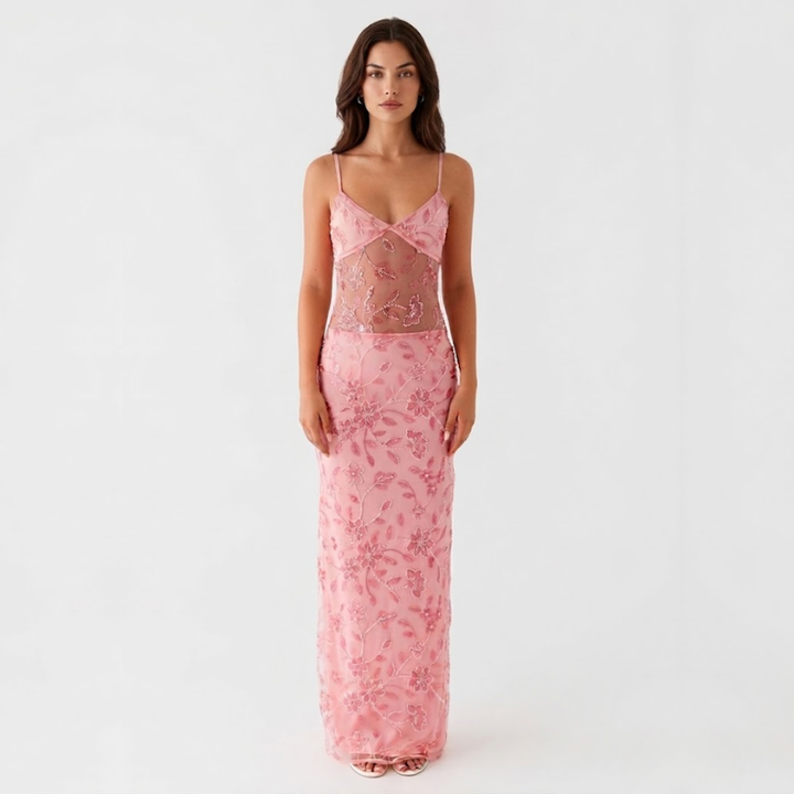 VALERIQUE | Robe Longue Brodée Transparente pour Femme – Bretelles Fines et Coupe Ajustée