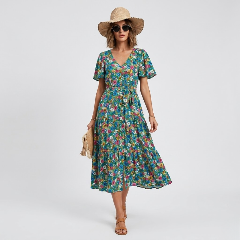 VALERIQUE | Robe Midi Fleurie pour Femme – Manches Courtes et Boutonnée