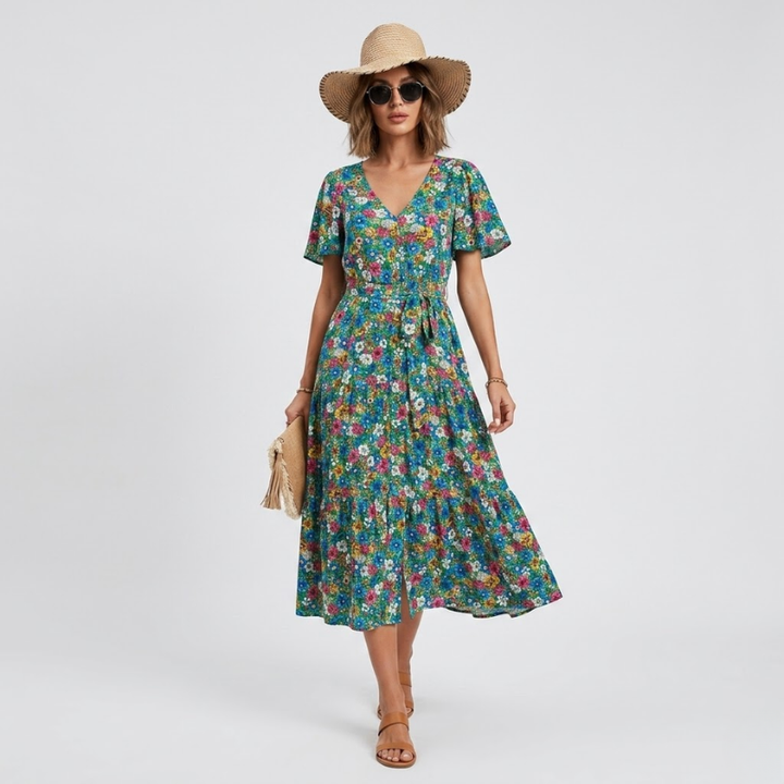 VALERIQUE | Robe Midi Fleurie pour Femme – Manches Courtes et Boutonnée
