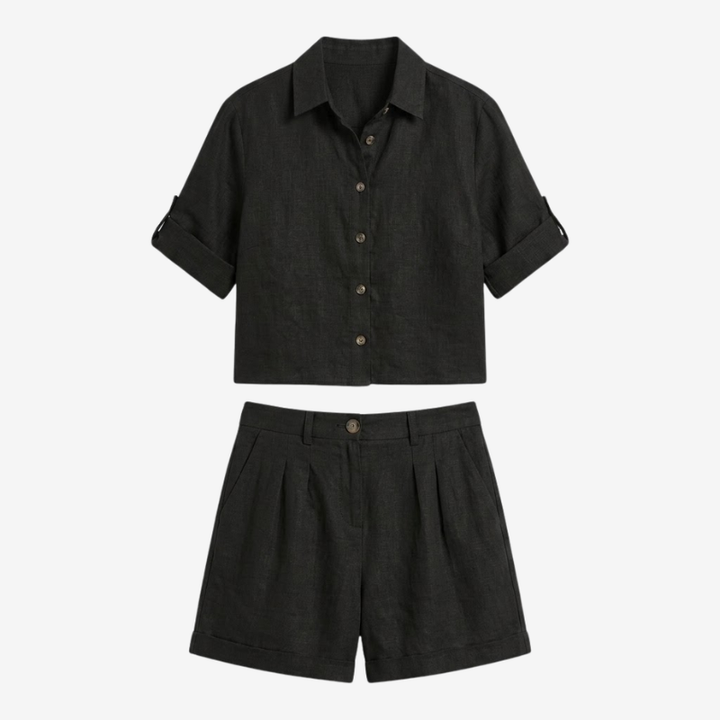 VALERIQUE | Ensemble Deux Pièces en Mélange de Lin pour Femme – Chemise Ample et Short Taille Haute