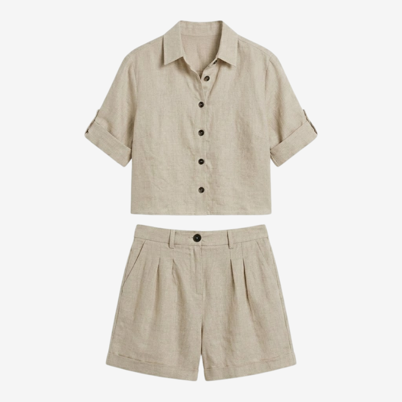 VALERIQUE | Ensemble Deux Pièces en Mélange de Lin pour Femme – Chemise Ample et Short Taille Haute