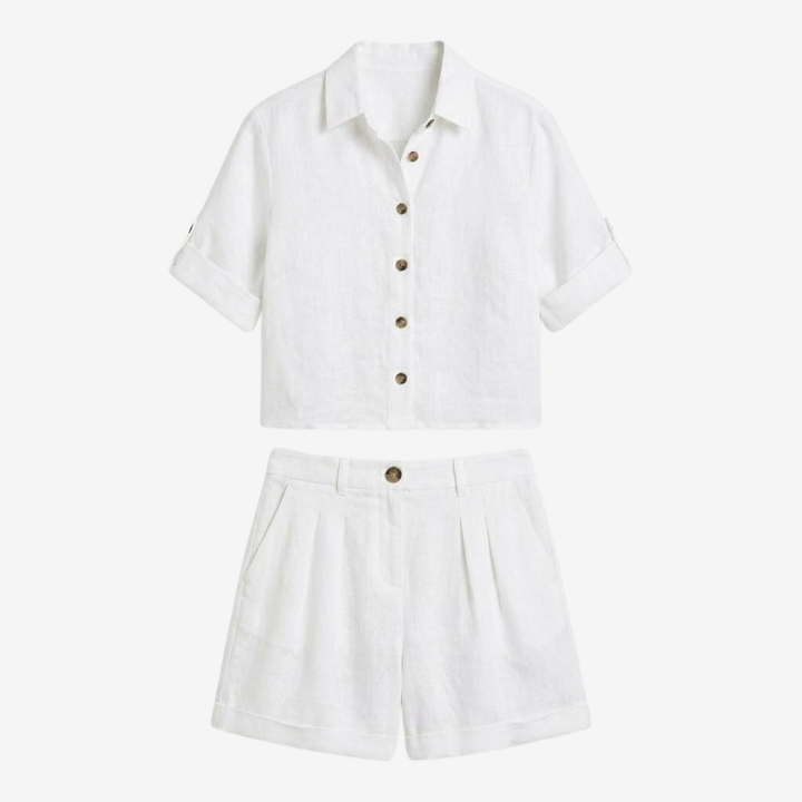 VALERIQUE | Ensemble Deux Pièces en Mélange de Lin pour Femme – Chemise Ample et Short Taille Haute