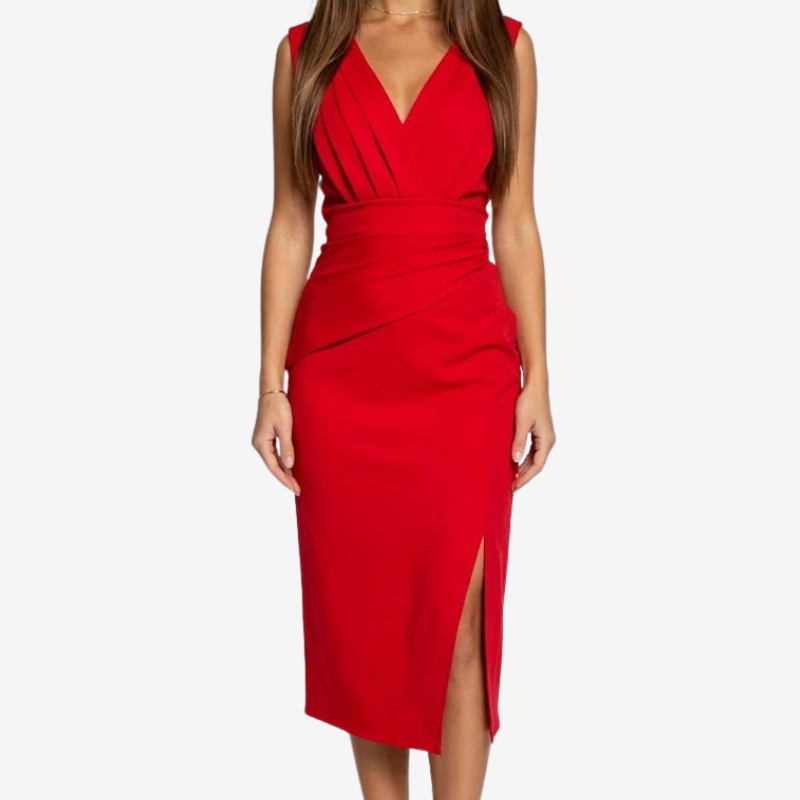 VALERIQUE | Robe Ajustée Midi pour Femme – Col V et Taille Drapée avec Fente