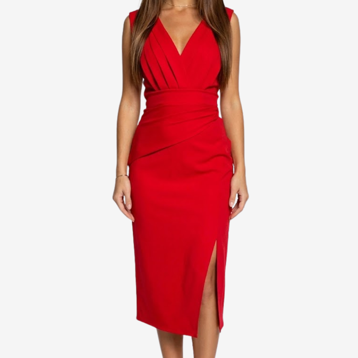 VALERIQUE | Robe Ajustée Midi pour Femme – Col V et Taille Drapée avec Fente