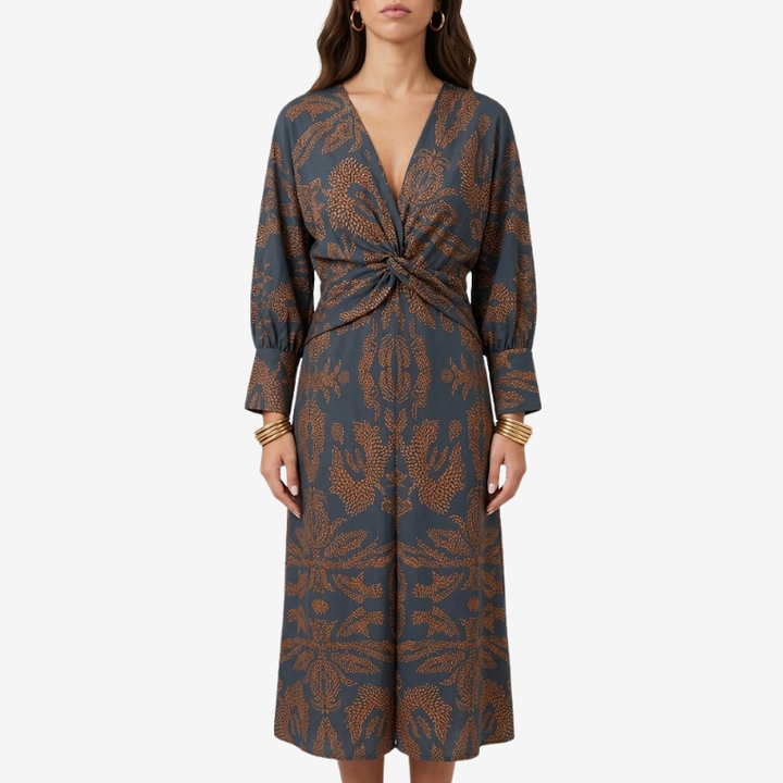 VALERIQUE | Robe Midi à Col V pour Femme – Manches Longues et Détail Noué