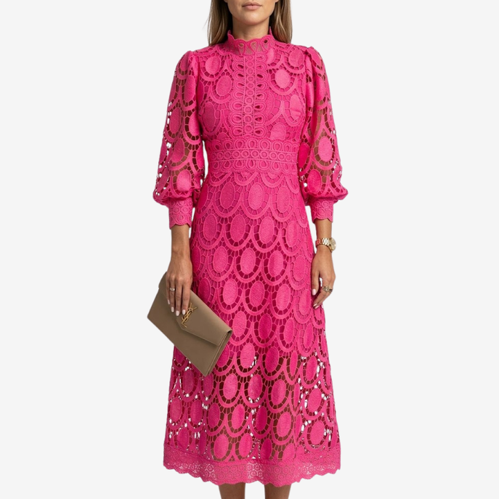 VALERIQUE | Robe Midi en Dentelle pour Femme – Col Haut et Manches Longues
