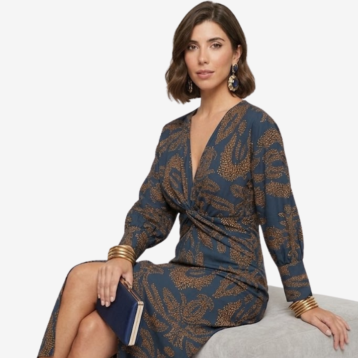 VALERIQUE | Robe Midi à Col V pour Femme – Manches Longues et Détail Noué