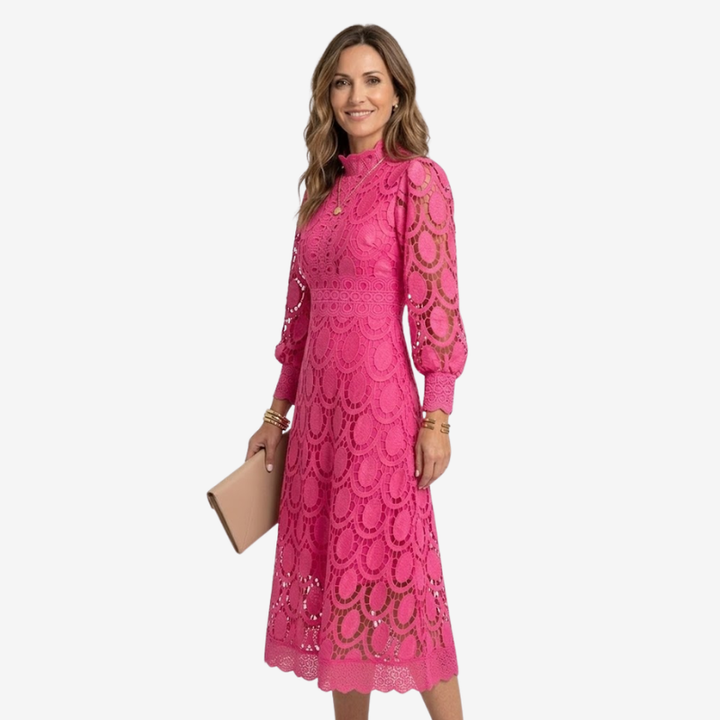 VALERIQUE | Robe Midi en Dentelle pour Femme – Col Haut et Manches Longues