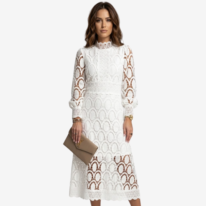 VALERIQUE | Robe Midi en Dentelle pour Femme – Col Haut et Manches Longues