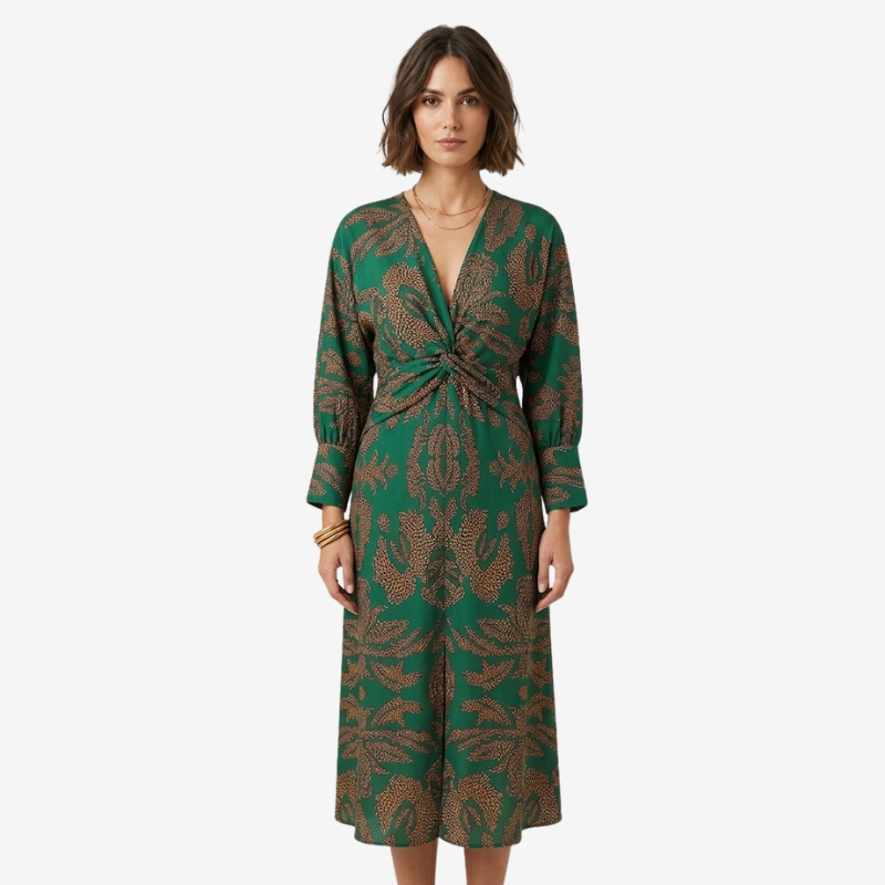 VALERIQUE | Robe Midi à Col V pour Femme – Manches Longues et Détail Noué