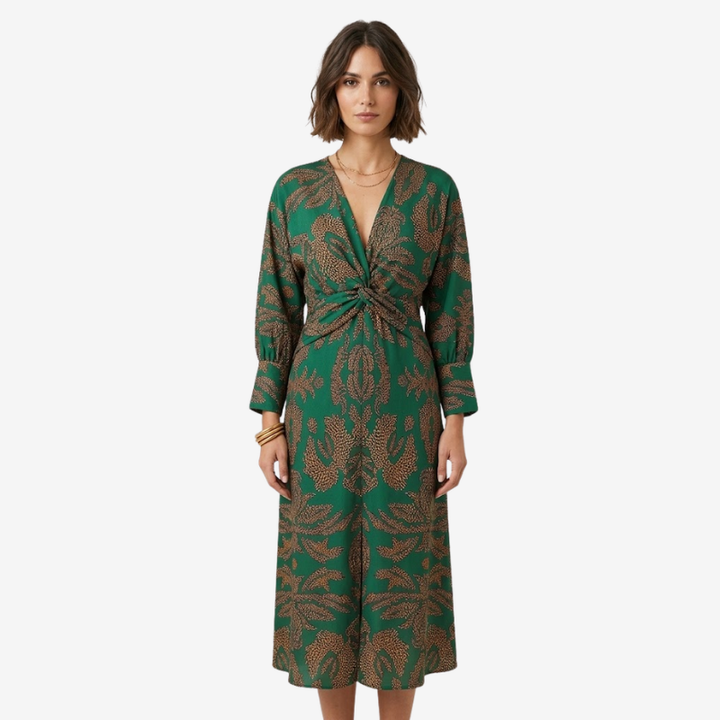 VALERIQUE | Robe Midi à Col V pour Femme – Manches Longues et Détail Noué