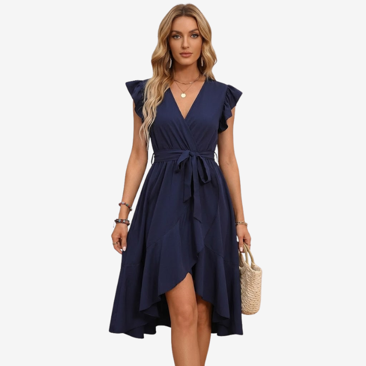 VALERIQUE | Robe Portefeuille Courte à Motif pour Femme – Manches Volantées