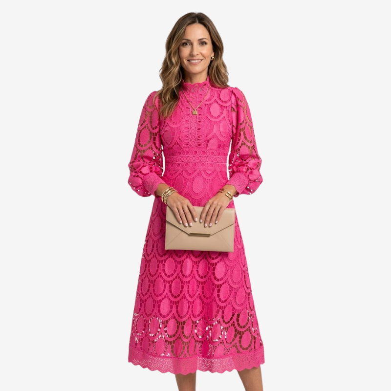 VALERIQUE | Robe Midi en Dentelle pour Femme – Col Haut et Manches Longues