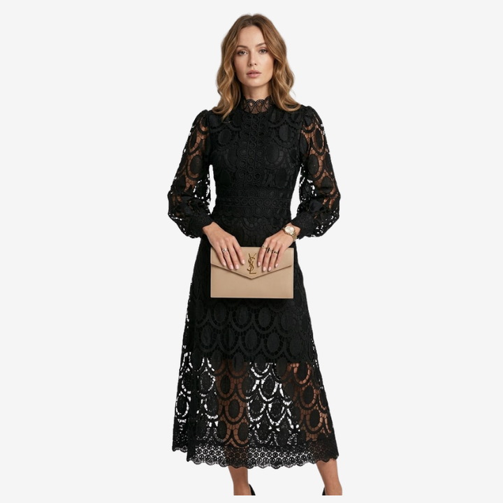 VALERIQUE | Robe Midi en Dentelle pour Femme – Col Haut et Manches Longues