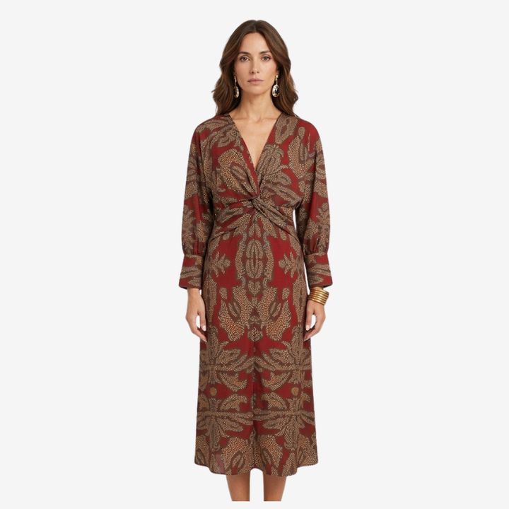 VALERIQUE | Robe Midi à Col V pour Femme – Manches Longues et Détail Noué