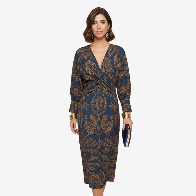 VALERIQUE | Robe Midi à Col V pour Femme – Manches Longues et Détail Noué