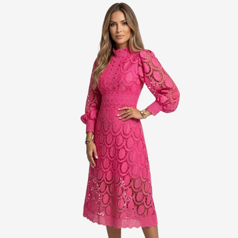 VALERIQUE | Robe Midi en Dentelle pour Femme – Col Haut et Manches Longues