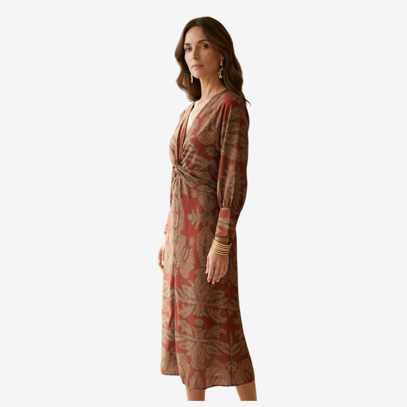 VALERIQUE | Robe Midi à Col V pour Femme – Manches Longues et Détail Noué
