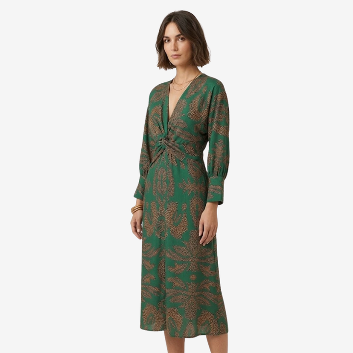 VALERIQUE | Robe Midi à Col V pour Femme – Manches Longues et Détail Noué