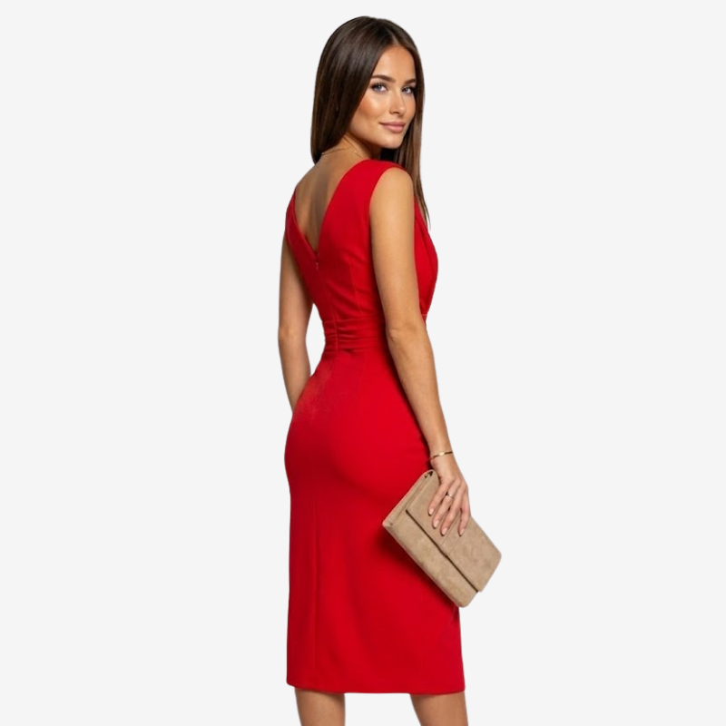VALERIQUE | Robe Ajustée Midi pour Femme – Col V et Taille Drapée avec Fente