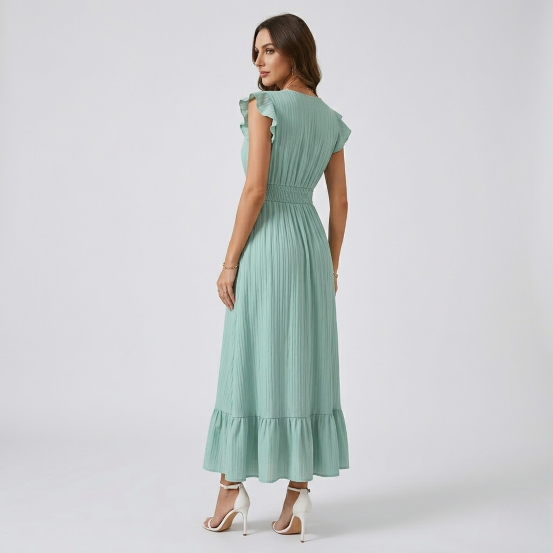 VALERIQUE | Robe longue vert sauge à col cache-cœur et manches courtes volantées pour usage quotidien