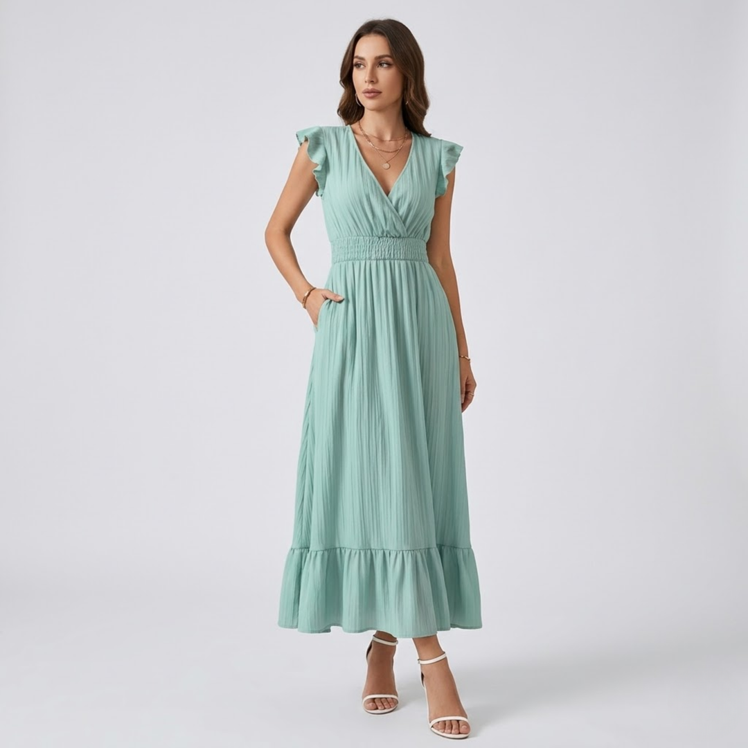 VALERIQUE | Robe longue vert sauge à col cache-cœur et manches courtes volantées pour usage quotidien