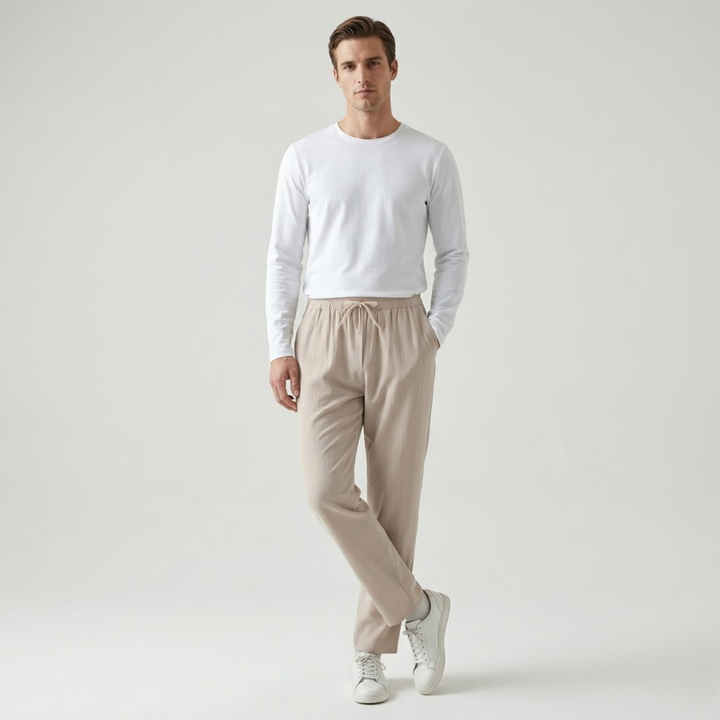 VALERIQUE | Homme pantalon droit en coton à taille élastiquée avec cordon longueur cheville