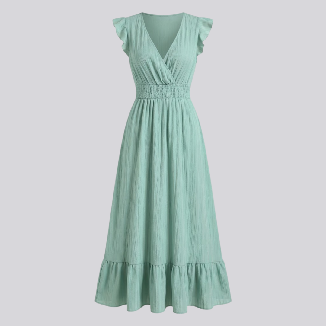 VALERIQUE | Robe longue vert sauge à col cache-cœur et manches courtes volantées pour usage quotidien