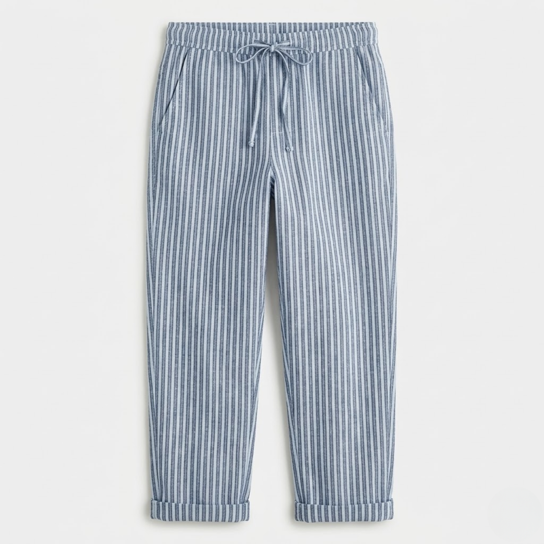 VALERIQUE | Femme pantalon à rayures droit en coton à taille élastiquée avec cordon longueur cheville taille mi-haute