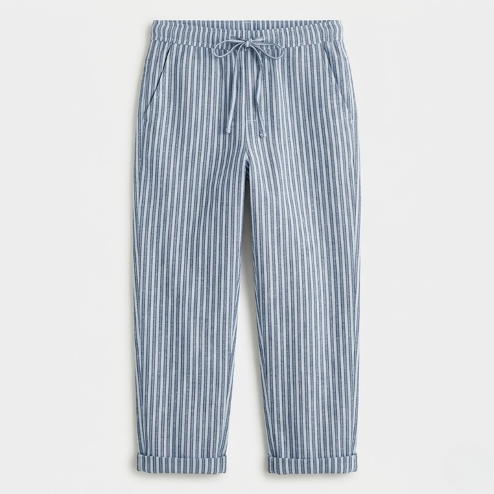 VALERIQUE | Femme pantalon à rayures droit en coton à taille élastiquée avec cordon longueur cheville taille mi-haute