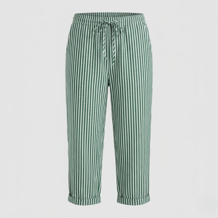 VALERIQUE | Femme pantalon à rayures droit en coton à taille élastiquée avec cordon longueur cheville taille mi-haute