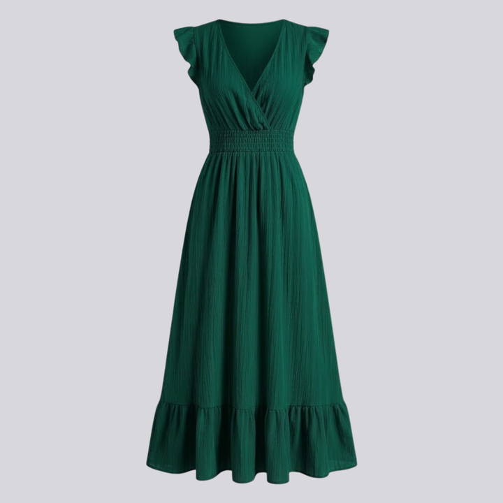VALERIQUE | Robe longue vert sauge à col cache-cœur et manches courtes volantées pour usage quotidien