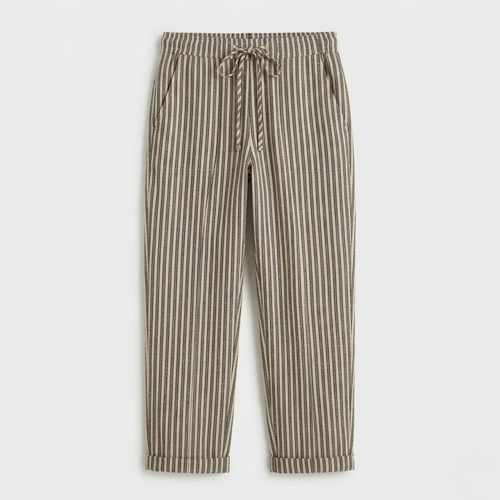 VALERIQUE | Femme pantalon à rayures droit en coton à taille élastiquée avec cordon longueur cheville taille mi-haute