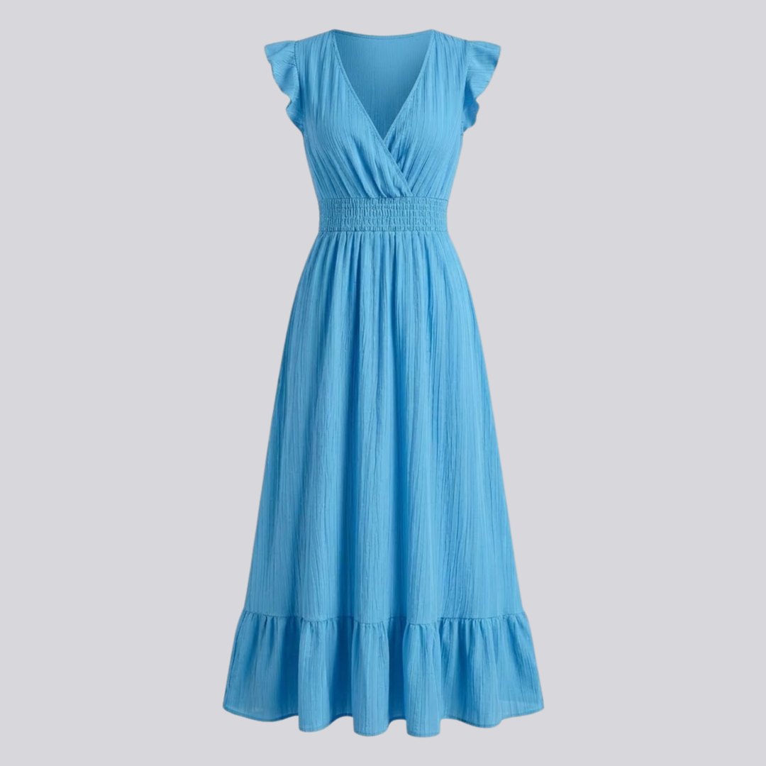 VALERIQUE | Robe longue vert sauge à col cache-cœur et manches courtes volantées pour usage quotidien