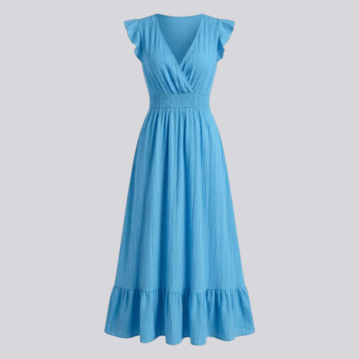 VALERIQUE | Robe longue vert sauge à col cache-cœur et manches courtes volantées pour usage quotidien