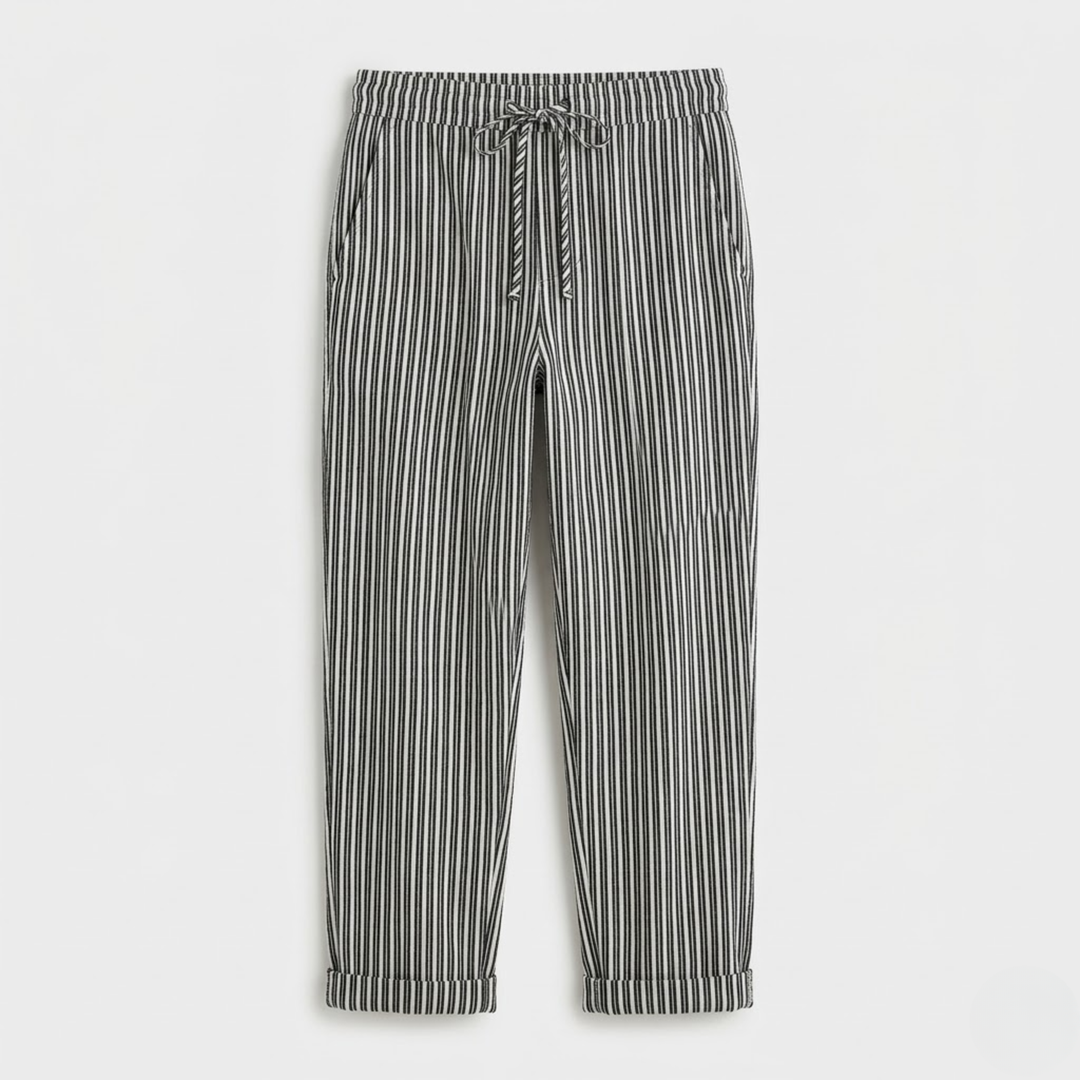 VALERIQUE | Femme pantalon à rayures droit en coton à taille élastiquée avec cordon longueur cheville taille mi-haute