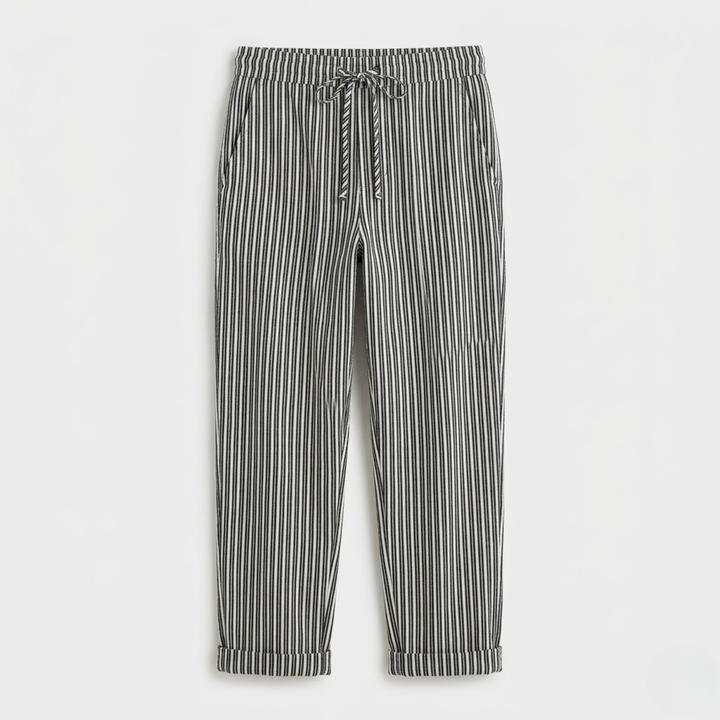 VALERIQUE | Femme pantalon à rayures droit en coton à taille élastiquée avec cordon longueur cheville taille mi-haute